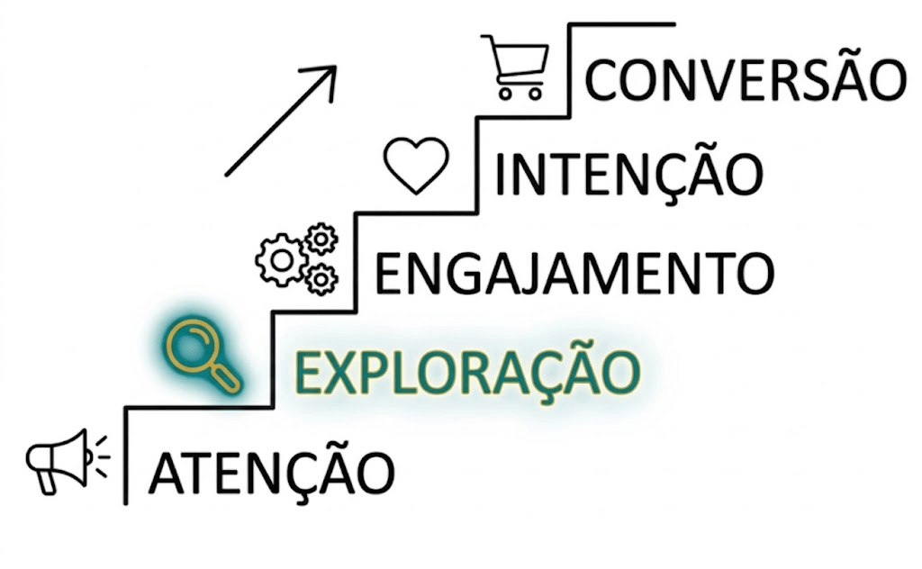 Destaque do Degrau 2 (Exploração) na jornada de CRO, representando a fase em que o usuário investiga a solução clicando em FAQs, links internos e fotos.