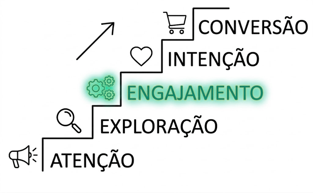 Destaque do Degrau 3 (Engajamento) na estratégia de micro-conversões, focado em gerar valor imediato através de downloads e vídeos demonstrativos.