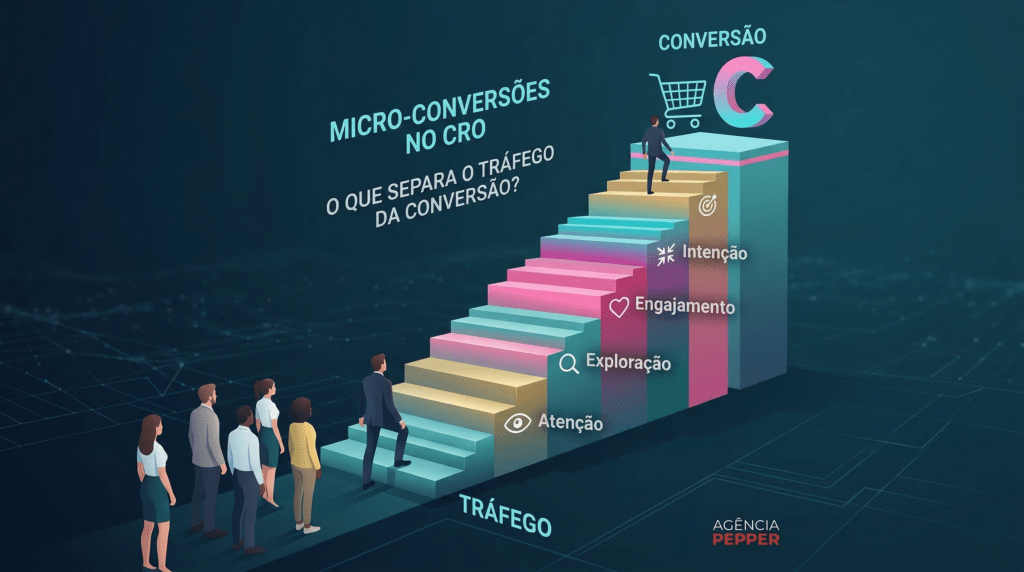 Escada das Micro-conversões no CRO da Agência Pepper, mostrando a jornada do usuário do tráfego à conversão final através de cinco degraus: Atenção, Exploração, Engajamento, Intenção e Conversão.